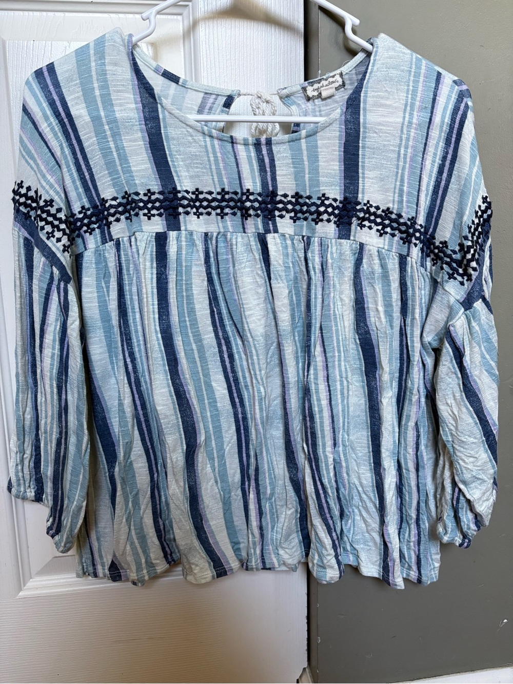 Striped Peasant Blouse with Navy Embroidery